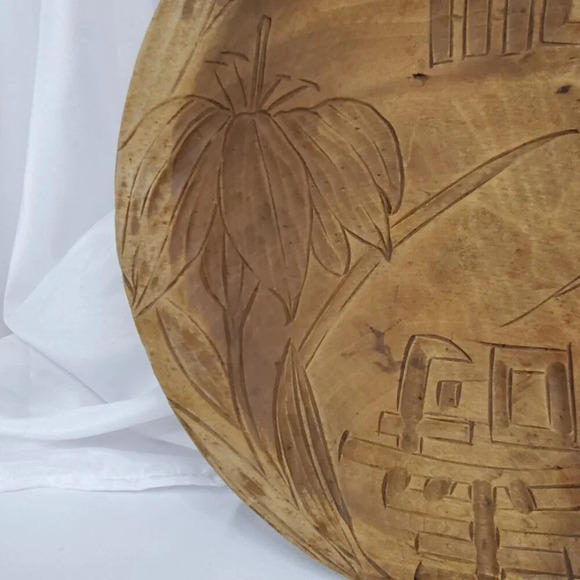 VTG Asian Hand Carved Wood Bowl Engraved Rustic Low Floral Design 11” Decorative - Picture 4 of 9